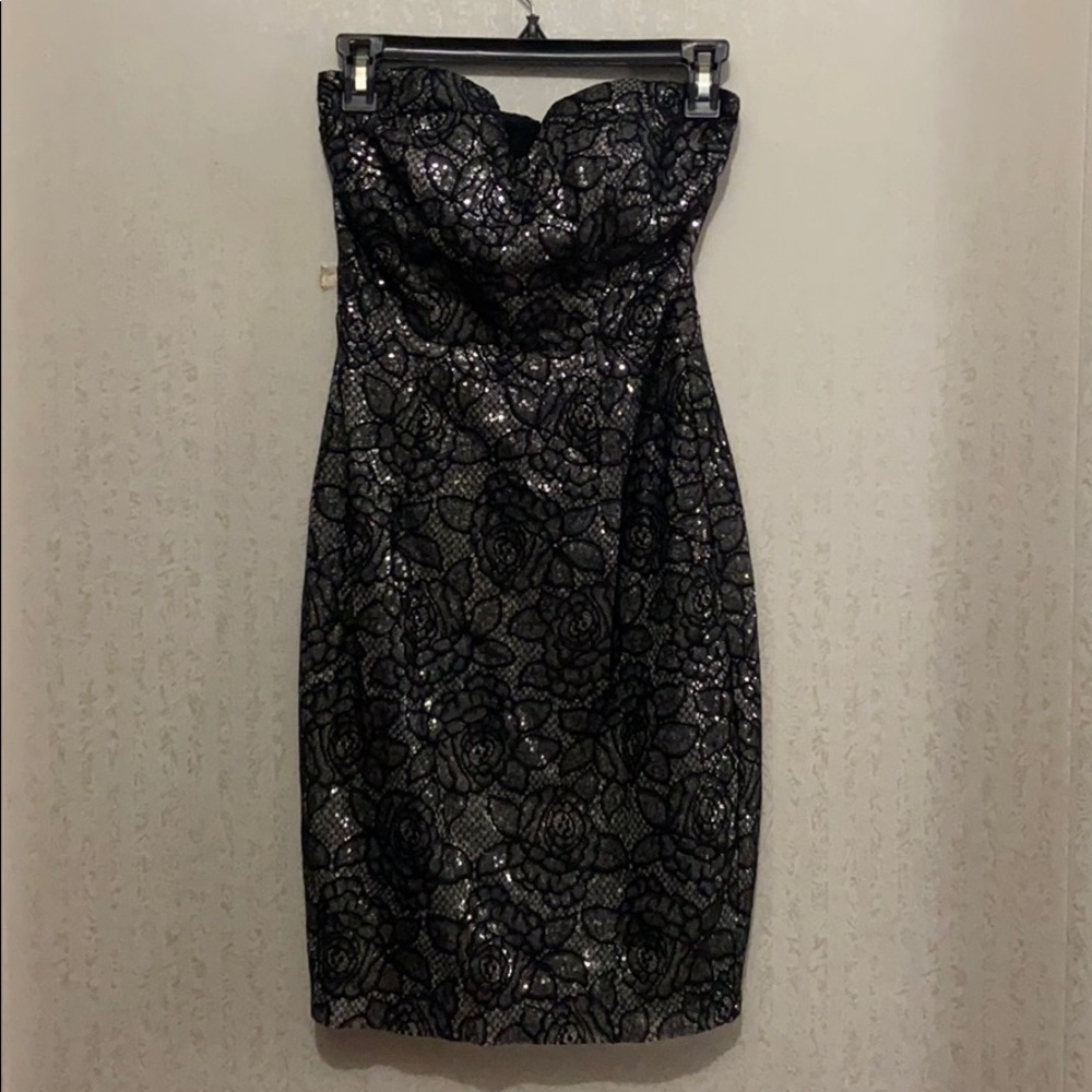 Black and silver strapless dress